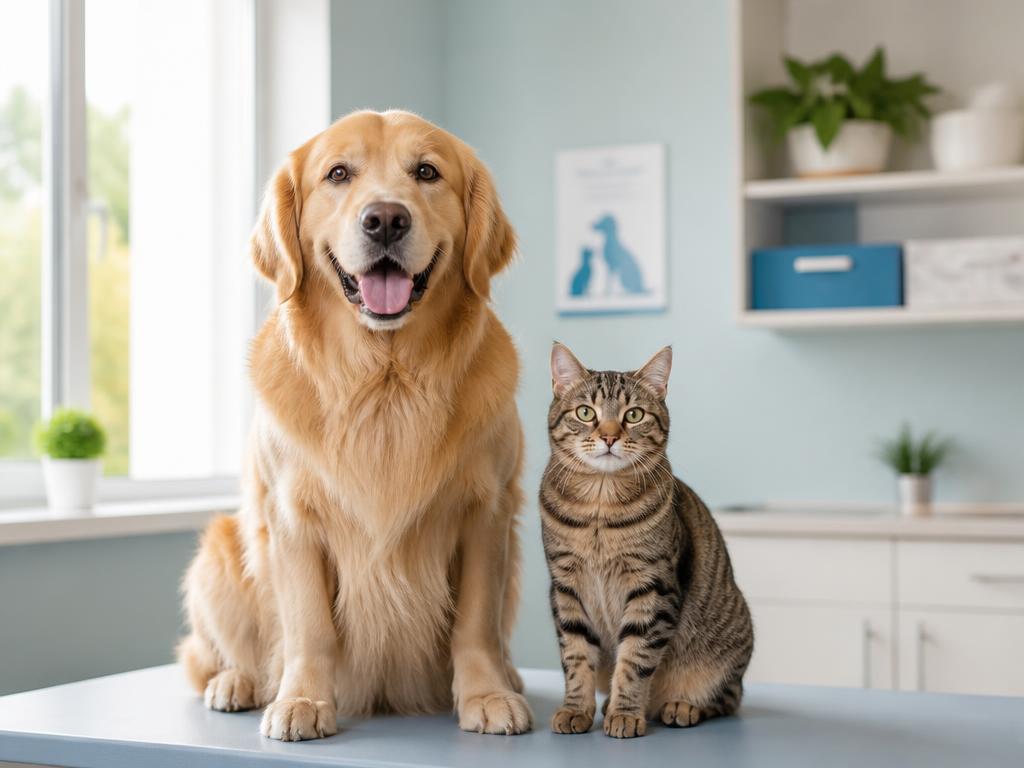 A healthy dog and cat in a bright veterinary clinic