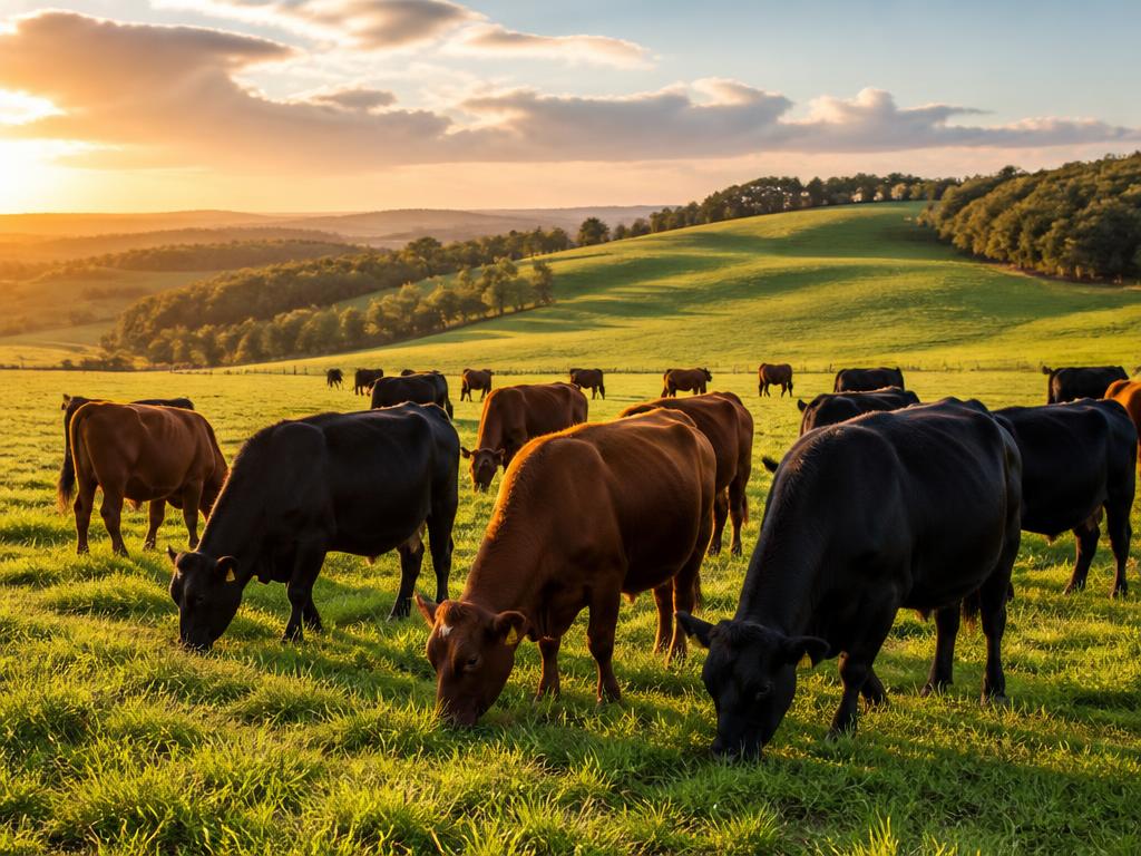 A herd of cattle grazing in a green pasture