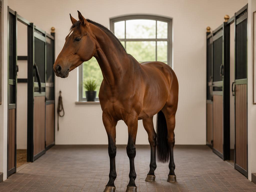 A healthy horse in a modern stable